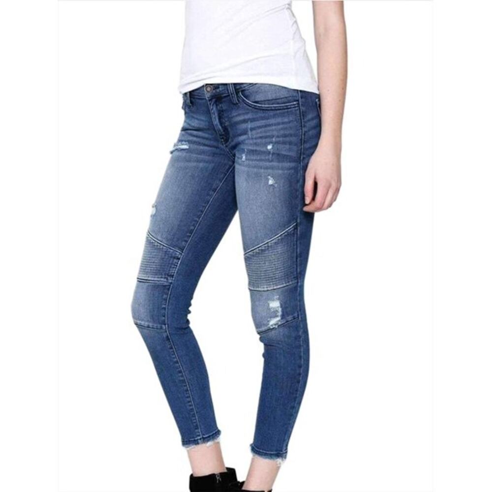 KanCan Dark Wash Weston Duff Distressed Moto Skinny Frayed Hem Jeans Size 26